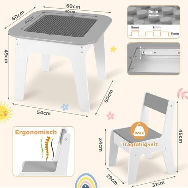 Дитячий стіл та стільці Clevich - комплект для дитячої кімнати (сірий), з місцем для зберігання та дошкою для малювання