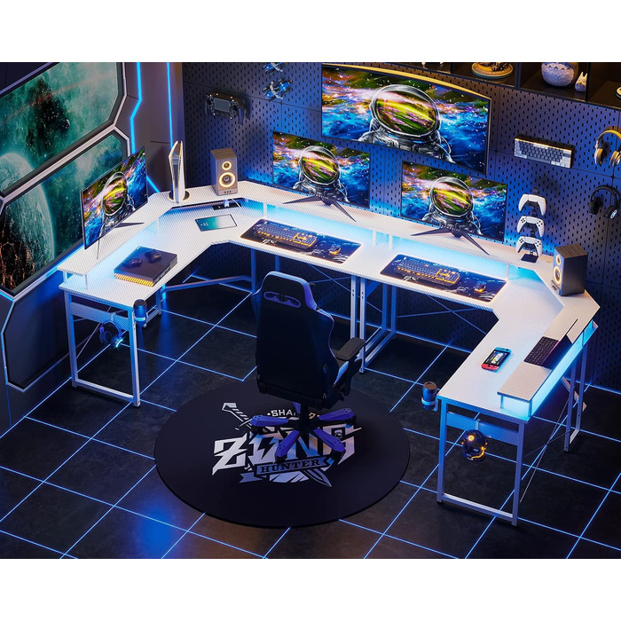 Ігровий стіл ODK зі світлодіодом 2 розетки 2 USB 129x129 см вуглецеве волокно білий