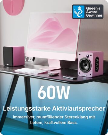 Активні Hi-Fi колонки Majority D50X 2.0, 60 Вт, Bluetooth 5.3, HDMI ARC, AUX, вуглецевий диффузор, для ПК та студії (Рожеві)