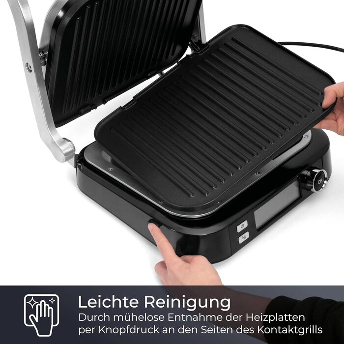 Контактний гриль KLAMER з 7 автоматичними програмами, знімні пластини з антипригарним покриттям, 2100W, чорний & нержавіюча сталь