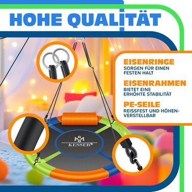 Шоукель KESSER® Tellershaukel Ø 120cm, до 300кг, з подушкою та 4 ручками, регульована, для дітей та дорослих, Indoor & Outdoor, кольорова