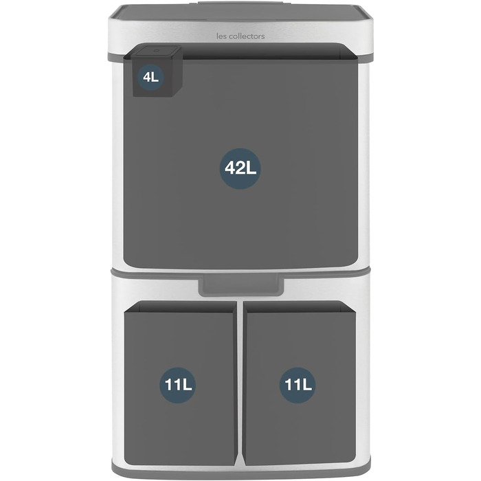 Сенсорний сміттєвий бак Les Collectionneurs №1012, 69л, 3 відсіки (47+11+11л), автоматичне відкривання, інфрачервоний датчик, тихе закривання, дизайн (срібло)