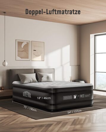 Надувне ліжко Airefina з самонадувною функцією та вбудованим насосом. Розмір 203x152x46 см (подвійне). Для кемпінгу та дому. Міцне гостьове ліжко.