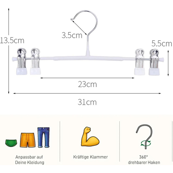 Металева вішалка для штанів 30 см з нековзними затискачами, економія місця для штанів, спідниць, нижньої білизни (8 шт. , біла)