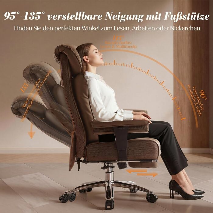 Офісний стілець Efomao XXL 200 кг з підставкою для ніг, штучна шкіра, висока спинка, регульовані підлокітники, підтримка попереку, сірий. Для дому та офісу