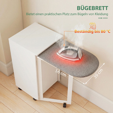 Складаний шафа-прасувальна дошка 2-в-1 на колесах з регульованою полицею для маленьких приміщень, білий