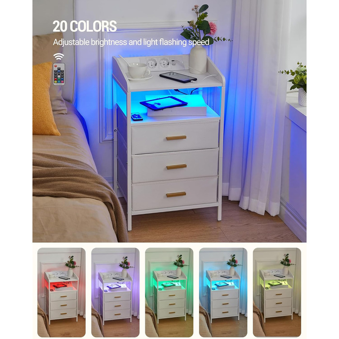 Приліжкова тумба з LED-підсвіткою, USB і розетками, 3 текстильні шухляди, полиці, для спальні та вітальні, біла NS31013W