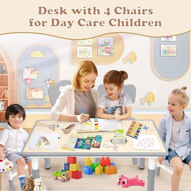 Дитячий стіл зі стільцями (2 шт) 80x60 см, регульована висота, сірий. Ідеально для дитячого садка, ігор, малювання та навчання. Легко миється. Підходить для дітей від 2 років.