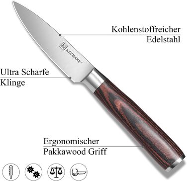 KEEMAKE Набір професійних кухонних ножів з вуглецевої сталі, Fleischmesser з ергономічною ручкою, 9 см (овочевий ніж)
