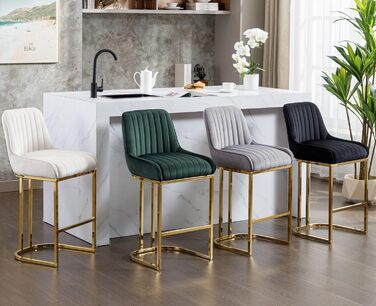 Набір з 2 барних стільців з велюру з золотистими металевими ніжками, з підлокітниками, для кухонного острова/домашнього бару, сірий