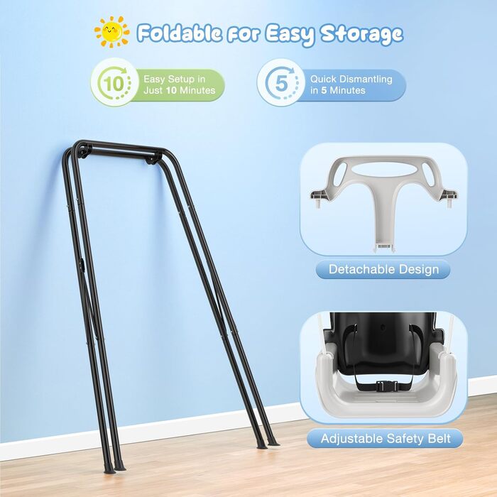 Дитяча гойдалка 2-в-1 з металевим каркасом, безпечний ремінь, для гри в приміщенні та на вулиці (білий, чорний)