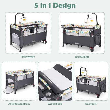 Дитяче ліжко-манеж COSTWAY 120x60 см з матрацом, пеленальним столиком, іграшками та музичною шкатулкою, сірий колір