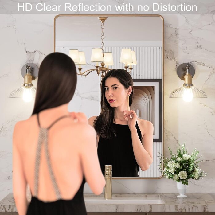 Дзеркало для ванної кімнати LOAAO 61 x 91.4 см, золотий колір, заокруглений прямокутний каркас, антикорозійне скло, для монтажу на стіну, вертикальне або горизонтальне розміщення