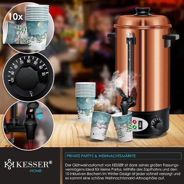 KESSER® Глювайновий котел 8л з нержавіючої сталі, 10 склянок, термостат, автомат для глінтвейну, гарячих напоїв, чайник, дозатор гарячої води, автоклав, індикатор рівня, кран, сріблястий