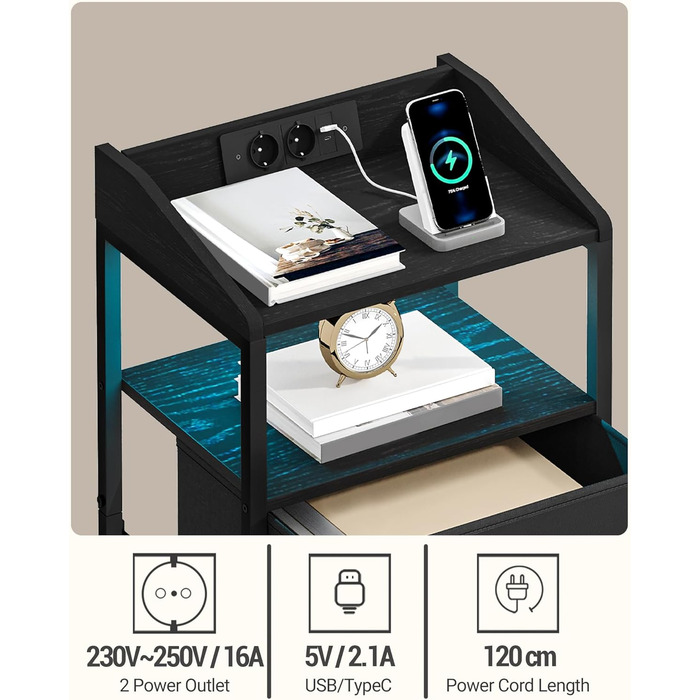Набір тумбочок Hzuaneri з 2 шт. , світлодіодне освітлення, зарядна станція, 2 тканинні ящики, USB та розетки, чорний