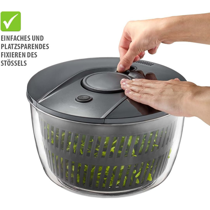 Салатниця GEFU з відром для відстоювання, 3л, чорно-сіра | Пластикова миска з вбудованим ситом та механічним приводом