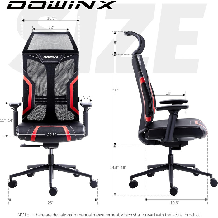 Ігровий крісло Dowinx для офісу та дому з підлокітниками 3D, регульоване, з функцією гойдання, шкіряне, поворотне, чорний/сірий (чорний/червоний)