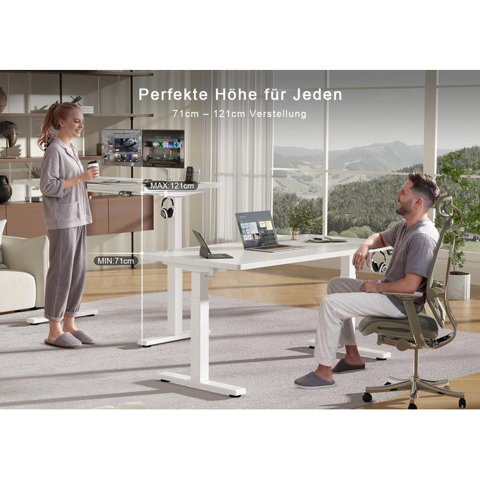 Електричний підйомний стіл Devoko 160x80 см, ергономічний комп'ютерний стіл для роботи стоячи та сидячи, подвійний мотор, пам'ять, USB-C, білий