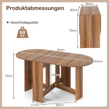 Розкладний обідній стіл GIANTEX для кухні та вітальні, дерев'яний, овальний, на 4-7 осіб, 163 x 80 x 75 см