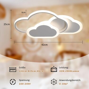 Світлодіодний стельовий світильник-хмара - 32 Вт, затемнення з дистанційним керуванням, 42 см для дитячої кімнати/спальні