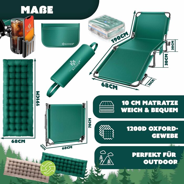 Розкладне кемпінгове ліжко KESSER з преміум-матрацом 190x68x30 см, польове ліжко до 250 кг з подушкою, кишенею та підстаканником, для відпочинку на природі та дому, колір Зелений/Тауп