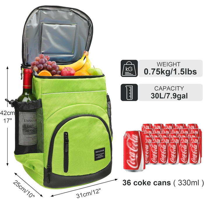 30L Рюкзак-холодильник великий, витокостійкий ізольований рюкзак для пікніка для чоловіків та жінок, термо-холодильник для пляжу, кемпінгу, відпочинку на природі, риболовлі, зелений
