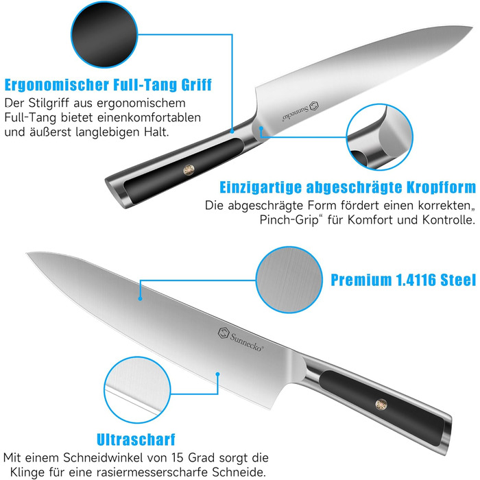 Набір ножів Sunnecko 6 шт. з підставкою – кухонний набір ножів, кухонні ножі з ергономічними ручками, гострими лезами, підставка з нержавіючої сталі та акації