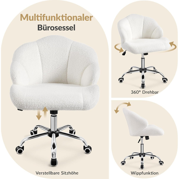 Крісло для дому та офісу Yaheetech, крісло для макіяжу, регульоване по висоті, поворотне, офісне крісло у формі мушлі, крісло з роликами, оксамитове крісло, до 136 кг, білий (сніжно-білий)