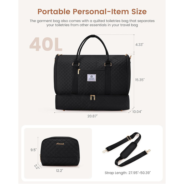 LOVEVOOK Складаний дорожній саквояж для жінок, 2-в-1, з сумкою для взуття, водонепроникний, для ручної поклажі, 53L, чорний