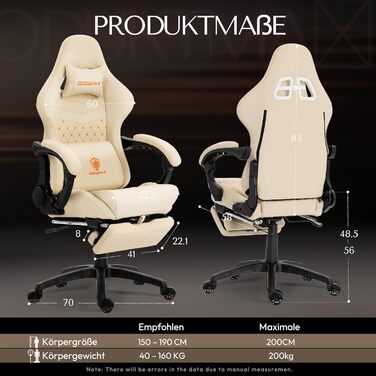 Ігровий крісло Dowinx з регульованою підніжкою, масажером попереку та офісним комфортом, до 200 кг, 165° нахил спинки, бежевий