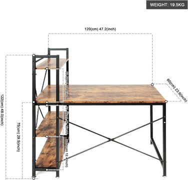 Практичний комп'ютерний стіл Oak & Tea, Стіл для ноутбука 120x60x75см Робоче місце для інтеграції з роботою та офісом з дворівневими полицями для навчання та роботи Домашній офіс Tisc (120 x 60 x 122 см)