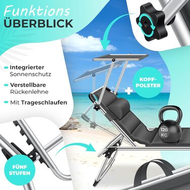 Шезлонг KESSER® Sun з дахом для саду: регульована спинка, зручна лежача поверхня, алюмінієвий каркас, портативний, антрацит (з преміум-подушкою)