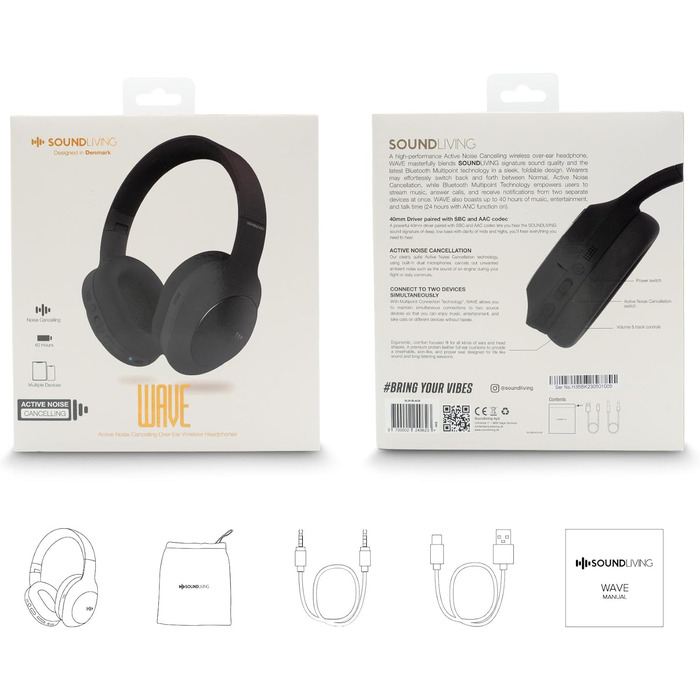 Накладні навушники SOUNDLIVING Wave Bluetooth 5.0, ANC, 40 годин відтворення, Hi-Fi, Чорний