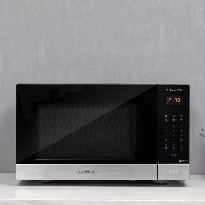 Мікрохвильова піч Cecotec Pro Clean 6110, 23 л, 800 Вт, гриль 1000 Вт, 8 програм, Ready 2 Clean, 3D Wave, чорна/срібляста нержавійка