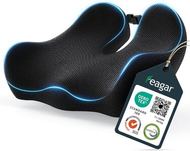 Ортопедична подушка для сидіння Feagar з memory foam - ергономічна подушка для офісного крісла, авто та дому - подушка для куприка, зняття навантаження при тривалому сидінні, неслизька (до 100 кг), чорна