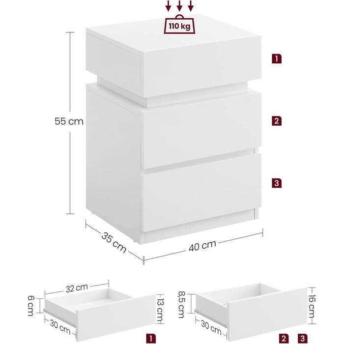 Тумбочка приліжкова зі світлодіодом, 3 ящики, 35x40x55 см, біла LET630T10