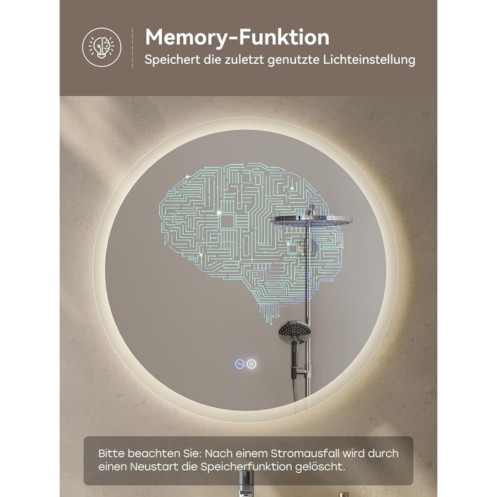 Дзеркало для ванної кімнати HOROW круглої форми з підсвічуванням, 80 см, LED, регулювання кольору світла (холодне, тепле, нейтральне), диммування, антизапар, без рами, IP44, енергозберігаюче (60x60 см)