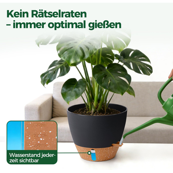 Набір з 4 самополивних горщиків T4U з індикатором рівня води, 30 см, чорний, для дому та саду