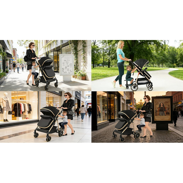 Дитяча коляска 3 в 1 Magic ZC з обертовим сидінням 360°, PU-шкіра, комплект з аксесуарами, легка та портативна, чорний (906 Black)