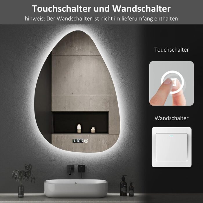 Дзеркало для ванної кімнати з підсвічуванням та годинником 50x70 см, LED, сенсорне керування, 3 кольори світла, диммування, 2470LM, стиль Jy01