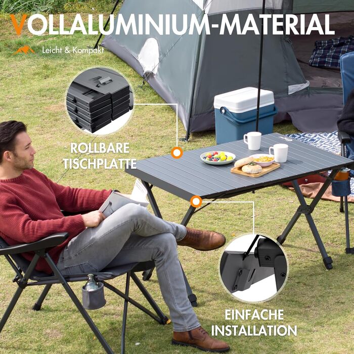 Складаний кемпінговий стіл PORTAL з регулюванням висоти, алюмінієвий, 108 x 71 см, легкий стіл для пікніка, саду та подорожей, чорний