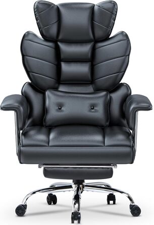 Ергономічне крісло для офісу з висувною підніжкою, регульоване по висоті, велика м'яка спинка, індивідуальна підтримка попереку, крісло для начальника з PU-шкіри, чорне з підніжкою
