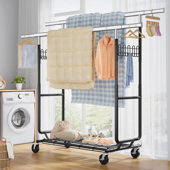 Стійка для одягу на колесах FAVOOOSTY, металева, мобільна, до 200 кг, чорна, 2 стійки