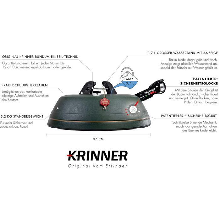 Підставка для ялинки KRINNER Ultra Grip L з механізмом натягу, педаллю та резервуаром 3.7л (до 2.7м) – Made in Germany