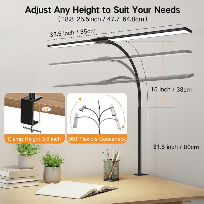 OUTON LED лампа для столу з двома головками, 85.5 см, 1600 люмен, сенсорне керування, регулювання яскравості, 5 температур кольору, таймер, пам'ять, захист очей, кріпиться за допомогою затискача, для офісу та дому, чорний