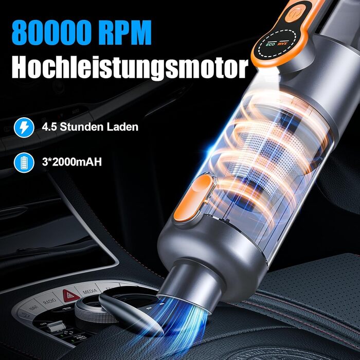 Акумуляторний ручний пилосмок Handstaubsauger 26000 Па, бездротовий автомобільний пилосмок 4-в-1 з безщітковим двигуном, HD-дисплеєм та LED-підсвіткою, помаранчевий