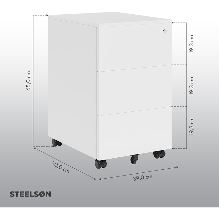 Контейнер на колесах STEELSØN з шухлядами Vespero, мобільний офісний шафчик, з можливістю замикання, 3 шухляди, білий, 65x39x50 см