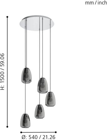 Підвісний світильник EGLO Alobrase, 5-світловий кластерний підвісний світильник обідній стіл, підвісний світильник з металу в хромі та випарному склі в чорно-прозорому кольорі, світильник для їдальні підвісний, цоколь E27, Ø 54 см Підвісний світильник 5-п