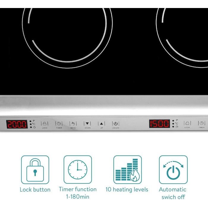 Подвійна індукційна конфорка Navaris 3500 Вт - 2 варильні поверхні з таймером Сенсорний дисплей Виявлення горщика - Індукційна плита Конфорка Портативна - Чорна