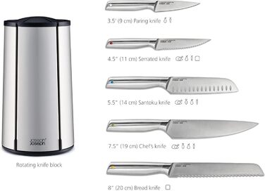 Joseph Joseph Elevate - Набір ножів з обертовим підставою (5 шт.) з нержавіючої сталі, японські леза, антифронт покриття, неслизьке дно